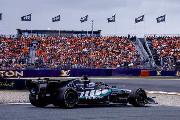 ZANDVOORT - George Russell from Great Britain and driver for Mercedes-AMG PETRONAS F1 Team during free practice of the Formula 1 Heineken Dutch Grand Prix at Circuit Zandvoort on August 21, 2026 in Zandvoort, the Netherlands. MARCEL TER BALS ANP xVIxANPxSportx xMarcelxterxBalsxIVx 565932071 originalFilename: 565932071.jpg