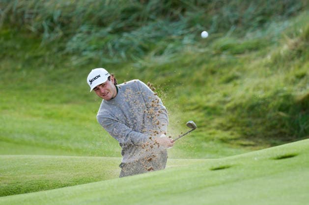 BALMEDIE, SCOTLAND - AUG 21: Maximilian Steinlechner (AUT) plays from a green side bunker on the 1st hole during Round 2 at the 2026 Nexo Championship at the Trump International Golf Links, Balmedie on August 21, 2026 in Aberdeenshire, Scotland The 2026 Nexo Championship