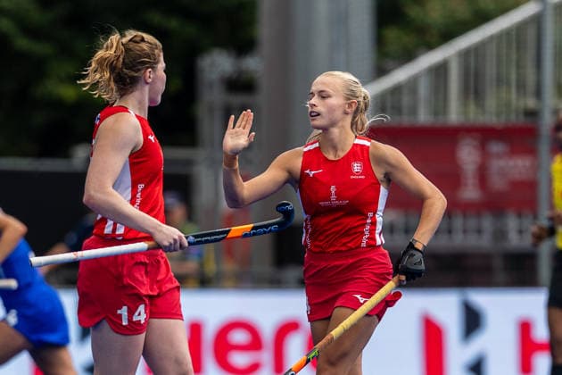 FIH Hockey World Cup: England v Chile Women AMSTELVEEN, NL - AUGUST 21: Lily Walker and Tessa Howard of England during the FIH Hockey World Cup match between England and Chile Women at Wagener Stadion on August 21, 2026 in Amstelveen, Netherlands. Amstelveen Wagener Stadion Netherlands Content not available for redistribution in The Netherlands directly or indirectly through any third parties. Copyright: xMarcelxvanxPlateringenx