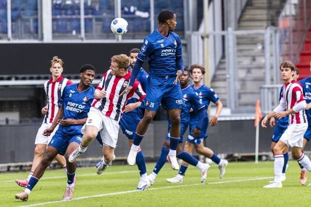 TILBURG , 21-08-2026 , Koning Willem II stadium , season 2026 2027 , Dutch Eredivisie football , match between Willem II and Telstar (friendly) , picture shows Telstar player Danny Bakker , Willem II player Devin Haen , Telstar player Aleck Viotey Willem II - Telstar (friendly)  x205893969x Copyright: