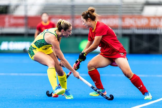 FIH Hockey World Cup: China v Australia Women AMSTELVEEN, NL - AUGUST 21: Grace Young of Australia and Yang Chen of China during the FIH Hockey World Cup match between China and Australia Women at Wagener Stadion on August 21, 2026 in Amstelveen, Netherlands. Amstelveen Wagener Stadion Netherlands Content not available for redistribution in The Netherlands directly or indirectly through any third parties. Copyright: xMarcelxvanxPlateringenx