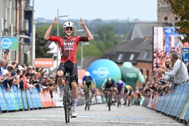 Belgian Jenno Berckmoes of Lotto-Intermarche celebrates as he crosses the finish line to win stage three of the Renewi Tour multi-stage cycling race, from Celles to Geraardsbergen (182 km) on Friday 21 August 2026. The five-day race takes place from 19 to 23 08. DAVIDxPINTENS  x0864589146stx