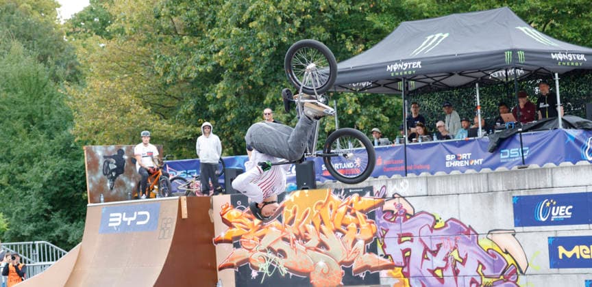 21.08.2026 Qualifikation Männer bei der BMX Freestyle Park Europameisterschaft in Darmstadt Bürgerpark Ausrichter VC Darmstadt 21.-23.8.26 hier Lars Kindermann (GER) während Wettkampf Darmstadt Hessen Deutschland *** August 21, 2026 Men s Qualifying Round at the BMX Freestyle Park European Championships in Darmstadt s Bürgerpark, hosted by VC Darmstadt, August 21–23, 2026. Pictured here: Lars Kindermann (GER) during the competition in Darmstadt, Hesse, Germany