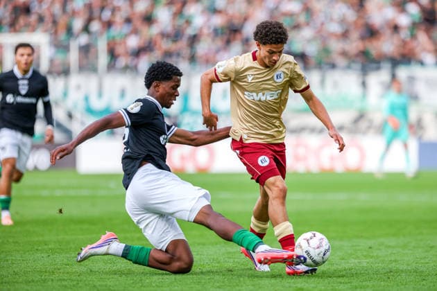 2026.08.21, xkwix, Fußball, DFB-Pokal, Preußen Münster - Karlsruher SC, LVM-Preußenstadion, 1.Runde, Saison 2026 2027: Wesley Adeh (Preussen Muenster 6) im Zweikampf gegen Louey Ben Farhat (Karlsruher SC 19) DFB regulations prohibit any use of photographs as image sequences and or quasi-video. Photo: xKamilxWilkowskixPressefotoKochx Nordrhein-Westfalen Deutschland *** August 21, 2026, xkwix, Soccer, DFB Cup, Preußen Münster vs. Karlsruher SC, LVM Preußenstadion, Round 1, 2026–2027 season: Wesley Adeh of Preußen Münster (6) in a tackle against Louey Ben Farhat of Karlsruher SC (19). DFB regulations prohibit any use of photographs as image sequences and or quasi-video. Photo: xKamilxWilkowskixPressefotoKochx, North Rhine-Westphalia, Germany