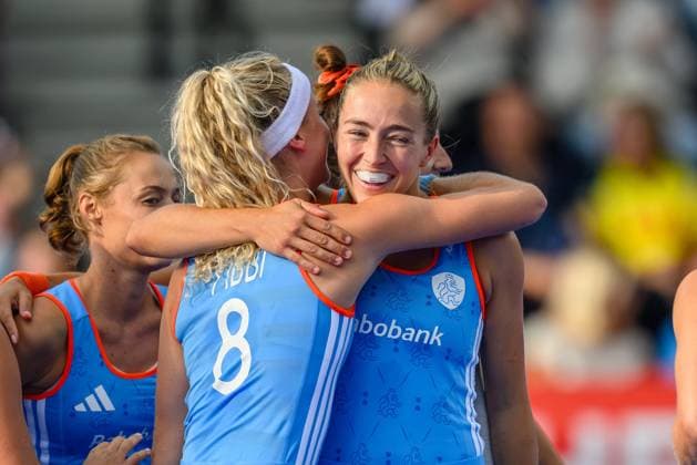 AMSTELVEEN, 21-08-2026, Wagener Stadion, FIH Hockey World Cup 2026 Women, 2026. Yibbi Jansen and Renee van Laarhoven celebrating the goal scored during the game Netherlands - India (women). Netherlands - India (women)  x205901938x Copyright:
