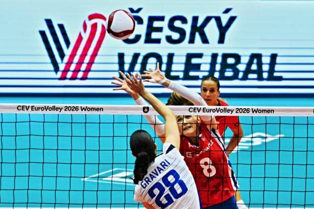 From left Errika-Pelagia Gravari of Greece, Ela Koulisiani and Helena Grozerova of Czech Republic in action during the Women s European Volleyball Championships Group B match Czech Republic vs Greece, on August 21, 2026, in Brno, Czech Republic. (CTKxPhoto PatrikxUhlir) CTKPhotoP2026082106853  CTKPhotoP2026082106853