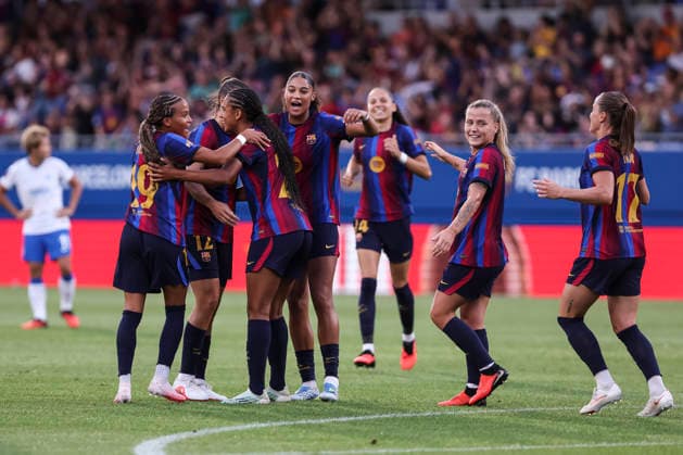 August 21, 2026, Sant Joan Despi, Barcelona, SPAIN: Esmee Brutgs of FC Barcelona, Barca celebrates a goal with teammates during the Joan Gamper Trophy, football match played between FC Barcelona and Brighton & Hove Albion FC at Johan Cruyff Stadium on August 21, 2026 in Sant Joan Despi, Barcelona, Spain. Sant Joan Despi SPAIN - ZUMAa181 20260821_zaa_a181_106 Copyright: xJavierxBorregox