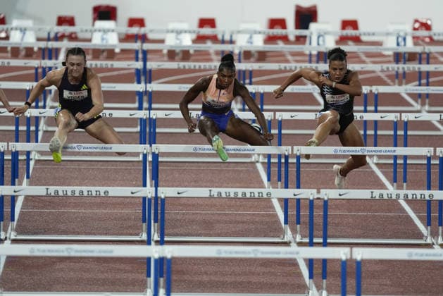 Lausanne, Switzerland - August 21: Nadine Visser (NED), Ditaji Kambundji (SUI) and Masai Russell (USA) compete in the 100m Hurdles Women during the Wanda Diamond League Athletissima Lausanne 2026 at Stade Olympique de la Pontaise on August 21, 2026 in Lausanne, Switzerland.  Copyright: xKjetilxWaberx xSPPx Sportspressphoto_SPR211848