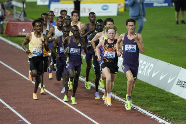 Lausanne, Switzerland - August 21: Nico Young (USA), Parker Wolfe (USA), Dominic Lokinyomo Lobalu (SUI), Kuma Girma (ETH), Birhanu Balew (BRN), Getnet Wale (ETH), Mezgebu Sime (ETH), Cornelius Kemboi (KEN), Grant Fisher (USA) and Mathew Kipchumba Kipsang (KEN) compete in the 5000m Men during the Wanda Diamond League Athletissima Lausanne 2026 at Stade Olympique de la Pontaise on August 21, 2026 in Lausanne, Switzerland.  Copyright: xKjetilxWaberx xSPPx Sportspressphoto_SPR211856