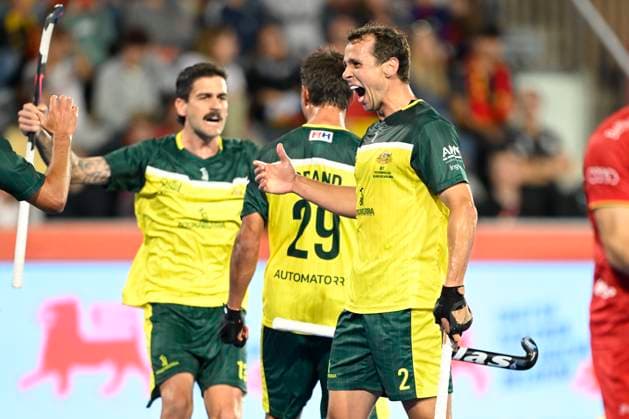 Australia v Belgium - FIH Hockey World Cup 2026 WAVRE, BELGIUM - AUGUST 21 : Craig Tom of Australia celebrates scoring the opening goal during the FIH Hockey World Cup 2026 M27 second phase group pool F match between Australia and Belgium on August 21, 2026 in Wavre, Belgium, 21 08 2026 Wavre Belgium  Copyright: xNicoxVereeckenx
