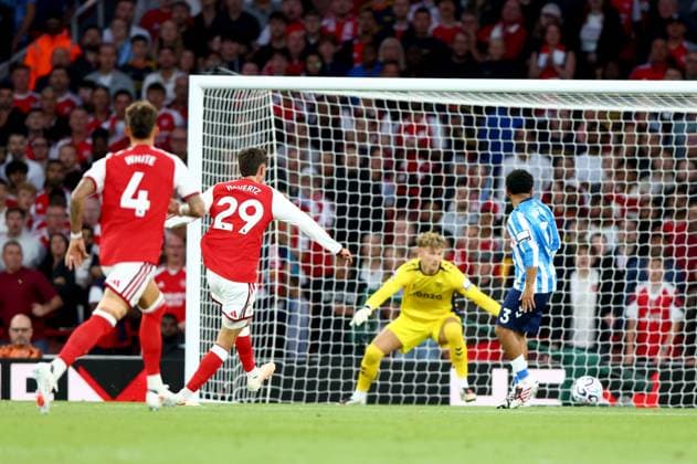 Kai Havertz of Arsenal scores their side s first goal of the game during the Premier League match between Arsenal and Coventry City at Emirates Stadium on August 21, 2026 in London, England. Arsenal v Coventry City, Premier League Football, Football, Emirates Stadium, London, UK - 21 Aug 2026London Emirates Stadium United Kingdom EDITORIAL USE ONLY No use with unauthorised audio, video, data, fixture lists, club league logos or live services. Online in-match use limited to 120 images, no video emulation. No use in betting, games or single club league player publications.  Copyright: xKieranxMcManus Shutterstockx 17111303ax