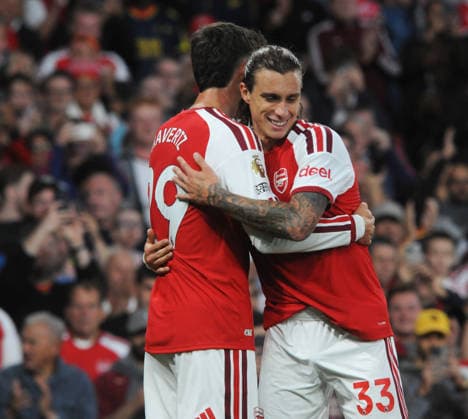 Football - 2026 - 227 - Arsenal v Coventry City FA Premiership at Emirates Stadium - Friday 21st August 2026 Kai Havertz of Arsenal celebrates scoring goal no 1 with Riccardo Calafiori 