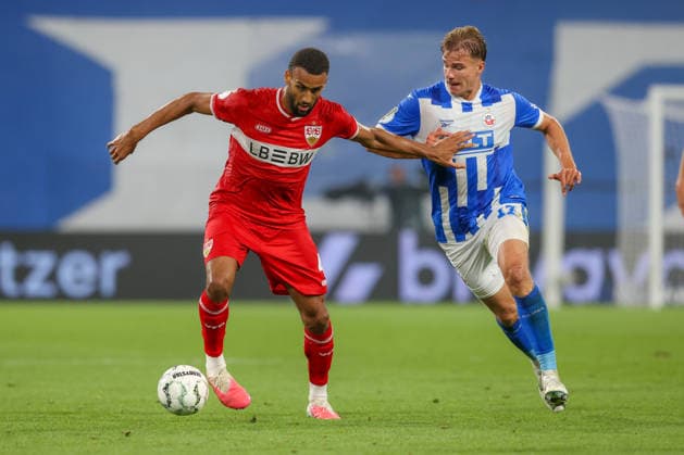 21.08.2026, xtgx, Fussball - DFB Pokal 1.Runde Hansa Rostock - VfB Stuttgart emspor, v.l. Josha Vagnoman (Stuttgart, 4), Florian Carstens (Rostock, 17) Zweikampf, Duell, Kampf, tackle (DFL DFB REGULATIONS PROHIBIT ANY USE OF PHOTOGRAPHS as IMAGE SEQUENCES and or QUASI-VIDEO) Rostock *** August 21, 2026, xtgx, Soccer, DFB Cup, 1st Round, Hansa Rostock vs. VfB Stuttgart, emspor, from left: Josha Vagnoman (Stuttgart), 4, Florian Carstens, Rostock, 17, duel, tackle, DFL DFB regulations prohibit any use of photographs as image sequences and or quasi-video, Rostock