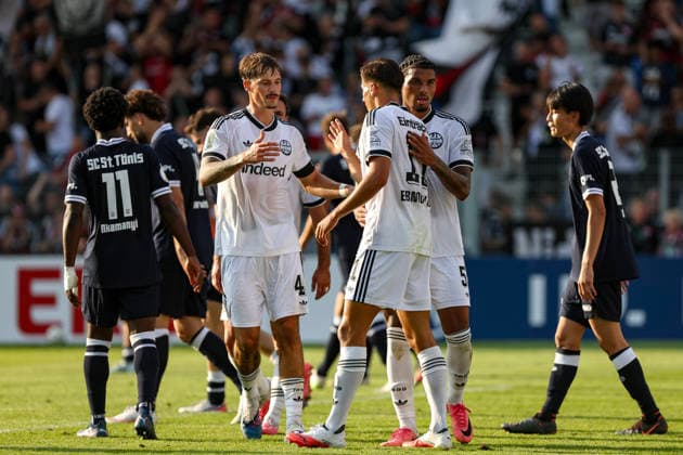 21.08.2026, GER, Fussball, Herren, DFB-Pokal, Saison 2026 2027, SC St. Tönis vs Eintracht Frankfurt Younes Ebnoutalib (Frankfurt) Torjubel, jubelt nach seinem Treffer zum 0:9 Krefeld Grotenburg-Stadion Nordrhein-Westfalen Deutschland *** August 21, 2026, GER, Soccer, Men s, DFB Cup, 2026–2027 Season, SC St. Tönis vs. Eintracht Frankfurt; Younes Ebnoutalib (Frankfurt) celebrates his goal, making the score 0–9; Krefeld Grotenburg Stadium, North Rhine-Westphalia, Germany Copyright: xAdrianxSchlüterx