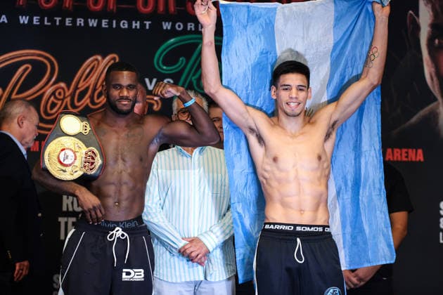 August 21, 2026: (L-R) Yoenli Hernandez holds a championship belt during the face-off with Francisco Daniel Veron during weigh-ins before the Romero vs Lopez event inside the Presidio Ballroom at Park MGM on August 21, 2026 in Las Vegas, NV. CSM. Boxing 2026: Romero Vs Lopez Weigh-In AUG 21  - ZUMAc04_ 20260821_zma_c04_042 Copyright: xChristopherxTrimx