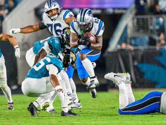 Aug 21, 2026; Jacksonville, Florida, USA; Carolina Panthers running back Trevor Etienne (23) run the ball during the first half of preseason game against the Jacksonville Jaguars at Everbank Stadium. Mandatory Credit: -Cal Media Jacksonville USA - ZUMAcg2_ 20221124_faf_cg2_001 Copyright: xRomeoxGuzmanx