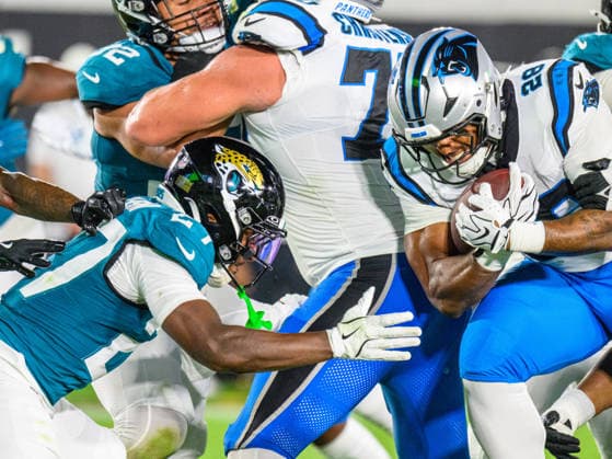 Aug 21, 2026; Jacksonville, Florida, USA; Carolina Panthers running back AJ Dillon (28) during the first half of preseason game against the Jacksonville Jaguars at Everbank Stadium. Mandatory Credit: -Cal Media Jacksonville USA - ZUMAcg2_ 20221124_faf_cg2_004 Copyright: xRomeoxGuzmanx