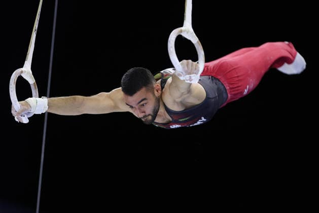 Artur Sahakyan, GER, during seniors rings final at 2026 Europeans in Zagreb; 21 08 2026; *** Artur Sahakyan, GER, during the senior rings final at the 2026 European Championships in Zagreb on August 21, 2026 