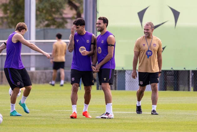 August 22, 2026, Sant Joan Despi, Barcelona, Spain: Hansi Flick, Head coach, Joao Cancelo and Eric Garcia during the training day of FC Barcelona, Barca ahead the Spanish League, Laliga EA Sports, football match against Elche CF at Ciudad Esportiva Joan Gamper on August 22, 2026 in Sant Joan Despi, Barcelona, Spain. Sant Joan Despi Spain - ZUMAa181 20260822_zaa_a181_020 Copyright: xJavierxBorregox