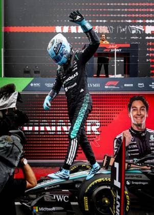 ZANDVOORT - George Russell (Mercedes) reacts after winning the sprint race ahead of the F1 Dutch Grand Prix at the Zandvoort Circuit. SEM VAN DER WAL ANP xVIxANPxSportx xxANPxIVx 565996198 originalFilename: 565996198.jpg