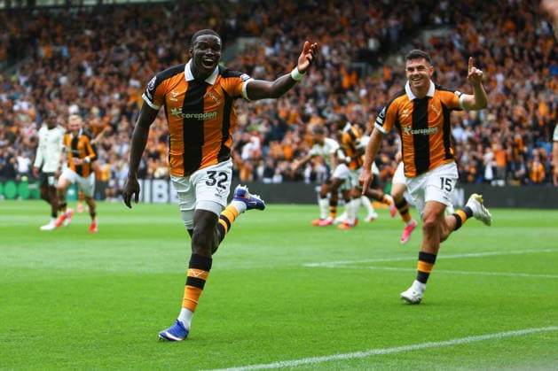 MKM Stadium KINGSTON UPON HULL, ENGLAND, AUGUST 22: Nobel Mendy of Hull City celebrates scoring Hull City’s second goal during the Premier League 2026-27 match between Hull City and Manchester United, ManU at MKM Stadium on August 22, 2026 in Kingston upon Hull, England. (Photo by Zach Forster Sports Press Photo) (Zach Forster Sports Press Photo SPP)  Copyright: xZachxForster SportsxPressxPhotox xSPPx Sportspressphoto_SPR212165