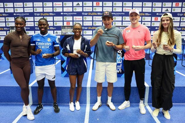 CHORZOW 22.08.2026 DIAMENTOWA LIGA - MEMORIAL KAMILI SKOLIMOWSKIEJ - KONFERENCJA PRASOWA --- DIAMOND LEAGUE - SILESIA KAMILA SKOLIMOWSKA ATHLETICS MEMORIAL - press conference, PK, Pressekonferenz JULIEN ALFRED OBLIQUE SEVILLE MELISSA JEFFERSON-WOODEN MONDO DUPLANTIS KARSTEN WARHOLM JAROSLAWA MAHUCZICH FOT. PIOTR KUCZA FOTOPYK NEWSPIX.PL --- newspix.pl POLAND OUT! 