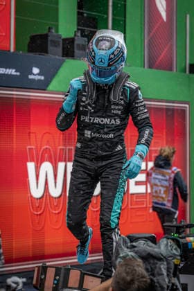 RECORD DATE NOT STATED 22nd August 2026; Circuit Zandvoort, Zandvoort, North Holland, Netherlands; Formula 1 Heineken Dutch Grand Prix 2026; Sprint Race and Qualifying Day; George Russell (63) of Great Britain and Mercedes-AMG PETRONAS Formula One Team celebrates winning the Formula 1 Heineken Dutch Grand Prix Sprint Race GodfreyxPitt