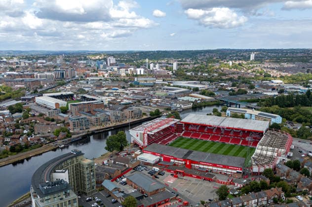 Aerial shot of The City Ground, and Meadow Lane, home of Notts. County on the other side of the River Trent. Pre-match at the Nottingham Forest v Leeds United, EPL match, at The City Ground, Nottingham, Notts., on 22nd August, 2026.  .