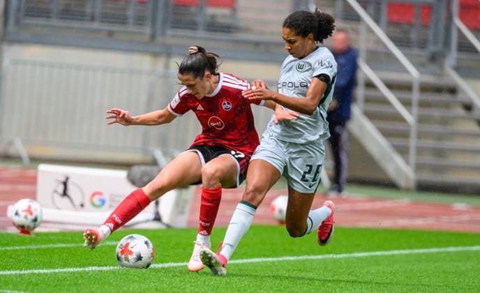 22.08.2026 - Fussball - Saison 2026 2027 - 1. Google Pixel Frauen Bundesliga - 01. Spieltag: 1. FC Nürnberg FCN ( Club Clubfrauen ) - VfL Wolfsburg - Sportfoto Zink - xwoxzix - Marie Bleil (17, 1. FC Nürnberg FCN ) Cora Zicai (28, VfL Wolfsburg ) *** August 22, 2026 Soccer Season 2026–2027 1 Google Pixel Women s Bundesliga Matchday 1 1 FC Nürnberg (FCN) Club Women s Team VfL Wolfsburg Sports Photo Zink xwoxzix Marie Bleil 17, 1 FC Nuremberg (FCN) Cora Zicai 28, VfL Wolfsburg