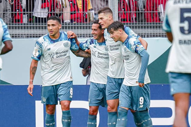 Deutschland: Fussball Saison 2026 2027 , DFB-Pokal Runde 1 1. Runde , SV Wehen Wiesbaden vs. Bayer Leverkusen - Brita-Arena (Wiesbaden) : Afonso Moreira (Bayer 04 Leverkusen, 9) , Lucas Vazquez (Bayer 04 Leverkusen, 17) und Patrik Schick (Bayer 04 Leverkusen, 14) Tor, Torjubel, Jubel, Freude, Emotionen, Tor und Torjubel zum 0:1 Wiesbaden Brita-Arena Deutschland Germany *** Germany Soccer Season 2026–2027, DFB Cup Round 1, SV Wehen Wiesbaden vs. Bayer Leverkusen, Brita Arena, Wiesbaden; Afonso Moreira (Bayer 04 Leverkusen, 9), Lucas Vázquez (Bayer 04 Leverkusen, 17), and Patrik Schick (Bayer 04 Leverkusen, 14); goal, goal celebration, celebration, joy, emotions, goal, and goal celebration for the 0–1 win over Wiesbaden at Brita Arena, Germany Copyright: xBennetxLongx