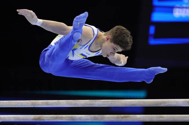 Volodymyr Golovin, UKR, during juniors parallel bars final at 2026 Europeans in Zagreb; 22 08 2026; *** Volodymyr Golovin, UKR, during the junior parallel bars final at the 2026 European Championships in Zagreb on August 22, 2026 