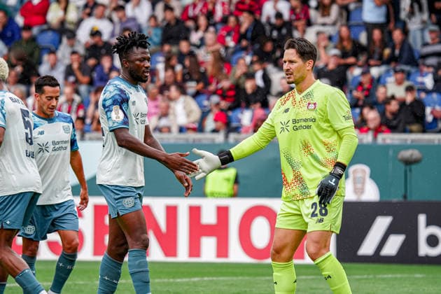 Deutschland: Fussball Saison 2026 2027 , DFB-Pokal Runde 1 1. Runde , SV Wehen Wiesbaden vs. Bayer Leverkusen - Brita-Arena (Wiesbaden) : Janis Blaswich (Bayer 04 Leverkusen, 28) und Edmond Tapsoba (Bayer 04 Leverkusen, 12) Wiesbaden Brita-Arena Deutschland Germany *** Germany Soccer Season 2026–2027, DFB Cup Round 1, SV Wehen Wiesbaden vs. Bayer Leverkusen, Brita Arena, Wiesbaden; Janis Blaswich (Bayer 04 Leverkusen, 28) and Edmond Tapsoba (Bayer 04 Leverkusen, 12), Wiesbaden, Brita Arena, Germany Copyright: xBennetxLongx