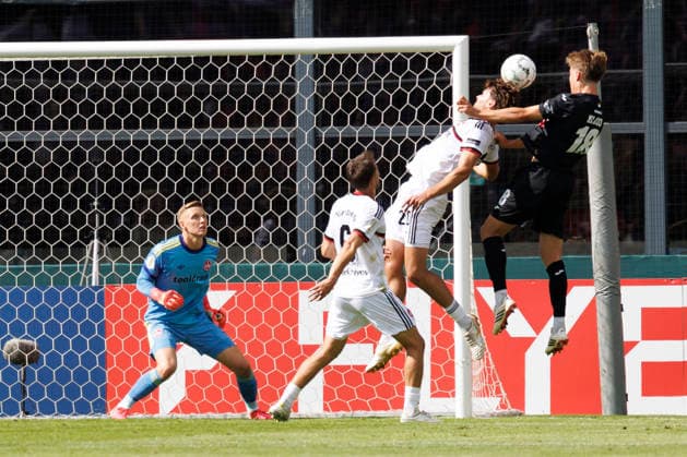 KOELN, GERMANY - AUGUST 22, 2026: +Header by Tim Kloss (Viktoria Koeln, 18) during the DFB-Cup match between Viktoria Koeln vs. 1. FC Nuernberg at the Sportpark Hoehenberg on August 22, 2026 in Koeln, Germany. DFL REGULATIONS PROHIBIT ANY USE OF PHOTOGRAPHS AS IMAGE SEQUENCES AND OR QUASI-VIDEO. Nordrhein-Westfalen Germany Copyright: xAxelxKohringx