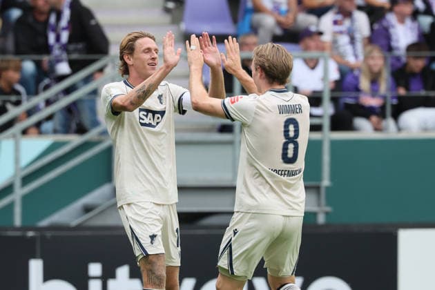 Erz.Aue - Hoffenheim DFB-Pokal Aue, 22.08.2026, Erzgebirgsstadion, Fußball, DFB Pokal, 1.Hauptrunde , FC Erzgebirge Aue vs. TSG 1899 Hoffenheim , Tor für Hoffenheim zum 0:2. Im Bild v.l.: Torschütze Wouter Burger (18, Hoffenheim) und Patrick Wimmer ( 8, Hoffenheim), Torjubel , , Nur für journalistische Zwecke. Only for editorial use! , DFB regulations prohibit any use of photographs as image sequences and or quasi-video. , *** Erz Aue vs. Hoffenheim, DFB Cup, Aue, August 22, 2026, Erzgebirgsstadion, soccer, DFB Cup, First Round, FC Erzgebirge Aue vs. TSG 1899 Hoffenheim, Goal for Hoffenheim, making the score 0–2. Pictured from left: goal scorer Wouter Burger (18), Hoffenheim, and Patrick Wimmer (8), Hoffenheim, goal celebration, , For editorial use only, DFB regulations prohibit any use of photographs as image sequences and or quasi-video, Picture Point