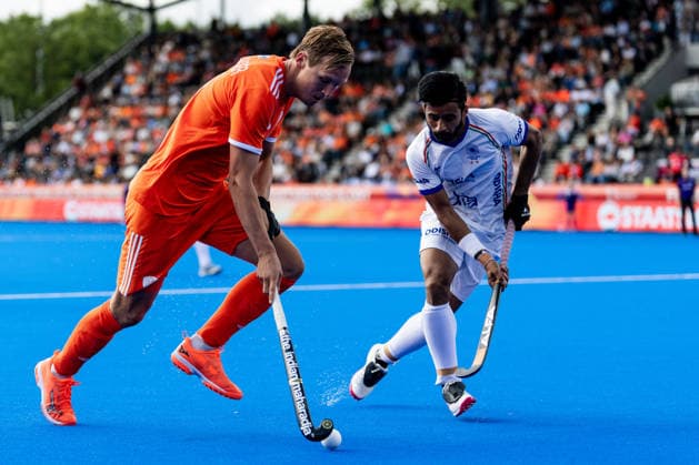 FIH Hockey World Cup: Netherlands v India AMSTELVEEN, NL - AUGUST 22: Sumit of India and Floris Wortelboer of Netherlands during the FIH Hockey World Cup match between Netherlands and India at Wagener Stadion on August 22, 2026 in Amstelveen, Netherlands. Amstelveen Wagener Stadion Netherlands Content not available for redistribution in The Netherlands directly or indirectly through any third parties. Copyright: xMarcelxvanxPlateringenx