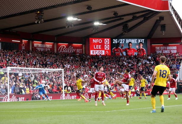 Anton Stach (LU) scores the first Leeds goal (0-1) at the Nottingham Forest v Leeds United, EPL match, at The City Ground, Nottingham, Notts., on 22nd August, 2026.  .