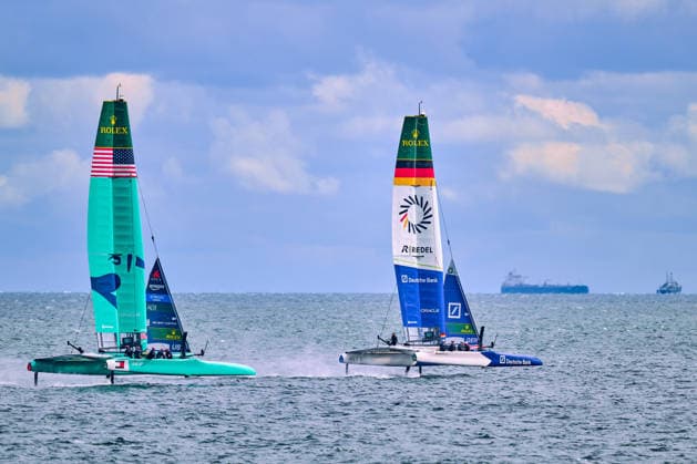 GER, Rockwool Garmany Sail Grand Prix, Sail GP, Sail GP Germany, Sassnitz, 22.-23.08.2026, Deutschland, GERMANY BY DEUTSCHE BANK - Sail GP Team - Germany; Driver - Erik Kosegarten-Heil, U.S. SAIL GP TEAM - United States; Driver - Taylor Canfield,, GER, Sail GP, Rockwool Germany Sail Grand Prix, Sassnitz, 22.-23.08.2026, Deutschland, Freitag, 22.08.2026, Renntag 1, *** GER, Rockwool Germany Sail Grand Prix, Sail GP, Sail GP Germany, Sassnitz, August 22–23, 2026, Germany, GERMANY BY DEUTSCHE BANK Sail GP Team Germany Driver Erik Kosegarten Heil, U.S. SAIL GP TEAM United States Driver Taylor Canfield, GER, Sail GP, Rockwool Germany Sail Grand Prix, Sassnitz, August 22–23, 2026, Germany, Friday, August 22, 2026, Race Day 1, Copyright: xClaudiusxRauchx