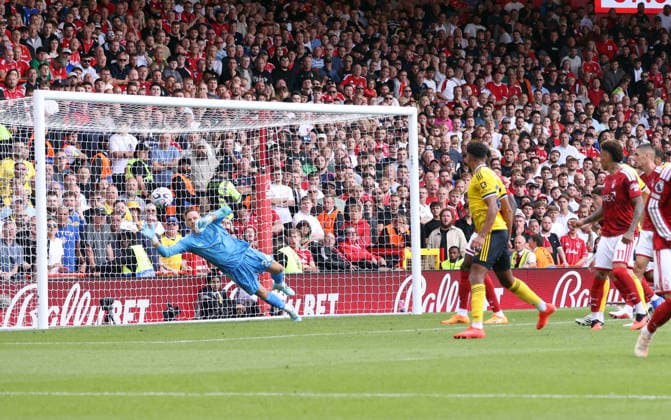Anton Stach (LU) scores the first Leeds goal (0-1) at the Nottingham Forest v Leeds United, EPL match, at The City Ground, Nottingham, Notts., on 22nd August, 2026.  .