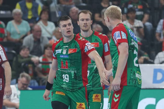 22.08.2026, xgox, Handball, Rexel Supercup 2026, SC Magdeburg - Füchse Berlin, v.l. Elvar Orn Jonsson (Magdeburg, 19), Felix Claar (Magdeburg, 7), Magnus Saugstrup (Magdeburg, 23) München *** August 22, 2026, xgox, Handball, 2026 Rexel Super Cup, SC Magdeburg vs. Füchse Berlin, from left: Elvar Orn Jonsson (Magdeburg), 19, Felix Claar (Magdeburg), 7, Magnus Saugstrup (Magdeburg), 23, Munich