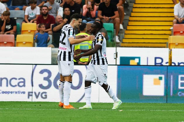 Udinese™s Hassane Kamara celebrates after scoring the 1-0 goal for his team during the Serie A soccer match between Udinese and Como at the Friuli Stadium in Udine, north east Italy - August 22, 2026. - Soccer  Copyright: xAndreaxBressanutti LaPressex