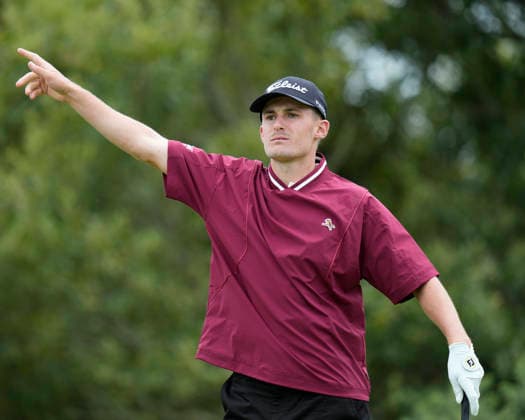 BALMEDIE, SCOTLAND - AUG 22: Connor McKinney (AUS) gestures as he plays from the tenth tee during Round 3 at the 2026 Nexo Championship at the Trump International Golf Links, Balmedie on August 22, 2026 in Aberdeenshire, Scotland The 2026 Nexo Championship