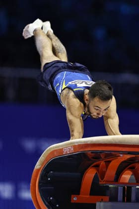 Nazar Chepurniy, UKR, during seniors vault final at 2026 Europeans in Zagreb; 22 08 2026; *** Nazar Chepurniy, Ukraine, during the senior vault final at the 2026 European Championships in Zagreb on August 22, 2026 