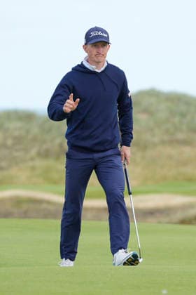 BALMEDIE, SCOTLAND - AUG 22: Marcus Kinhult (SWE) reacts after holing a birdie putt on the twelfth green during Round 3 at the 2026 Nexo Championship at the Trump International Golf Links, Balmedie on August 22, 2026 in Aberdeenshire, Scotland The 2026 Nexo Championship