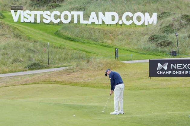 BALMEDIE, SCOTLAND - AUG 22: Matthew Southgate (ENG) putts on the 13th green during Round 3 at the 2026 Nexo Championship at the Trump International Golf Links, Balmedie on August 22, 2026 in Aberdeenshire, Scotland The 2026 Nexo Championship