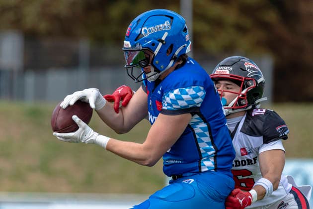 Martin Horn (Allgaeu Comets, WR, 9) mit Alonso Munoz Yus (DB, Duesseldorf Panther, 16) GER, Allgaeu Comets vs Duesseldorf Panther, American Football, GFL, Saison 2026, Week 16, 22.08.2026 GER, Allgaeu Comets vs Duesseldorf Panther, American Football, GFL, Saison 2026, Week 16, 22.08.2026 Kempten *** Martin Horn, Allgäu Comets, WR, 9, with Alonso Munoz Yus, DB, Düsseldorf Panthers, 16 GER, Allgäu Comets vs. Düsseldorf Panthers, American Football, GFL, 2026 Season, Week 16, August 22, 2026 GER, Allgäu Comets vs. Düsseldorf Panthers, American Football, GFL, 2026 Season, Week 16, August 22, 2026 Kempten Copyright: xEibner-Pressefoto FlorianxWolfx EP_FWF