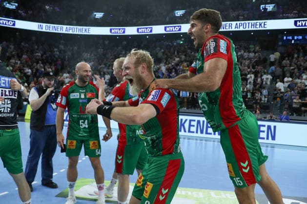 22.08.2026, xgox, Handball, Rexel Supercup 2026, SC Magdeburg - Füchse Berlin, v.l. Matthias Musche (Magdeburg, 6) Antonio Serradilla Cuenca (Magdeburg, 15) Jubel ueber den Sieg, Jubel nach Spielende München *** August 22, 2026, xgox, Handball, 2026 Rexel Super Cup, SC Magdeburg vs. Füchse Berlin, from left: Matthias Musche (Magdeburg), 6 Antonio Serradilla Cuenca (Magdeburg), 15 Celebrating the victory, Celebrations after the game in Munich