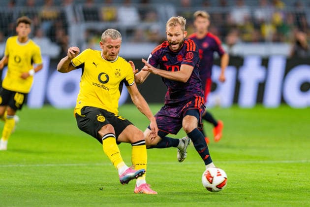Supercup, Deutschland, Borussia Dortmund vs. FC Bayern München, 22.08.2026 im Signal Iduna Park Julian Ryerson Konrad Laimer *** Super Cup, Germany, Borussia Dortmund vs. FC Bayern Munich, August 22, 2026, at Signal Iduna Park; Julian Ryerson, Konrad Laimer Copyright: xBahhoxKarax