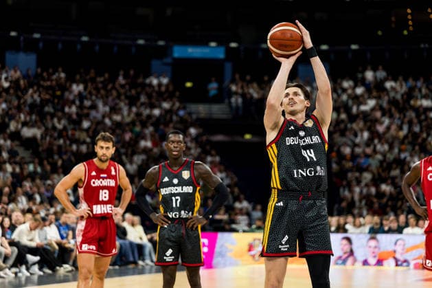 HAMBURG, GERMANY - AUGUST 22: David Kraemer (Krämer, Kramer, Germany, 44) shooting from the freethrow line during the Turkish Airlines Basketball Supercup final match between Germany vs. Croatia at Barclays Arena on August 22, 2026 in Hamburg, Germany. Hamburg Germany Copyright: xSteffiexWunderlx