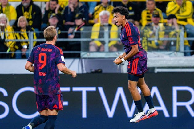 Supercup, Deutschland, Borussia Dortmund vs. FC Bayern München, 22.08.2026 im Signal Iduna Park Tor und Jubel zum 0:1 durch Nathaniel Brown mit Harry Kane und Joshua Kimmich *** Super Cup, Germany, Borussia Dortmund vs. FC Bayern Munich, August 22, 2026, at Signal Iduna Park: Goal and celebration for the 0-1 score by Nathaniel Brown, with Harry Kane and Joshua Kimmich Copyright: xBahhoxKarax