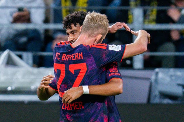 Supercup, Deutschland, Borussia Dortmund vs. FC Bayern München, 22.08.2026 im Signal Iduna Park Tor und Jubel zum 0:1 durch Nathaniel Brown mit Harry Kane und Joshua Kimmich Konrad Laimer *** Super Cup, Germany, Borussia Dortmund vs. FC Bayern Munich, August 22, 2026, at Signal Iduna Park: Goal and celebration following the 0-1 score by Nathaniel Brown, with Harry Kane, Joshua Kimmich, and Konrad Laimer Copyright: xBahhoxKarax